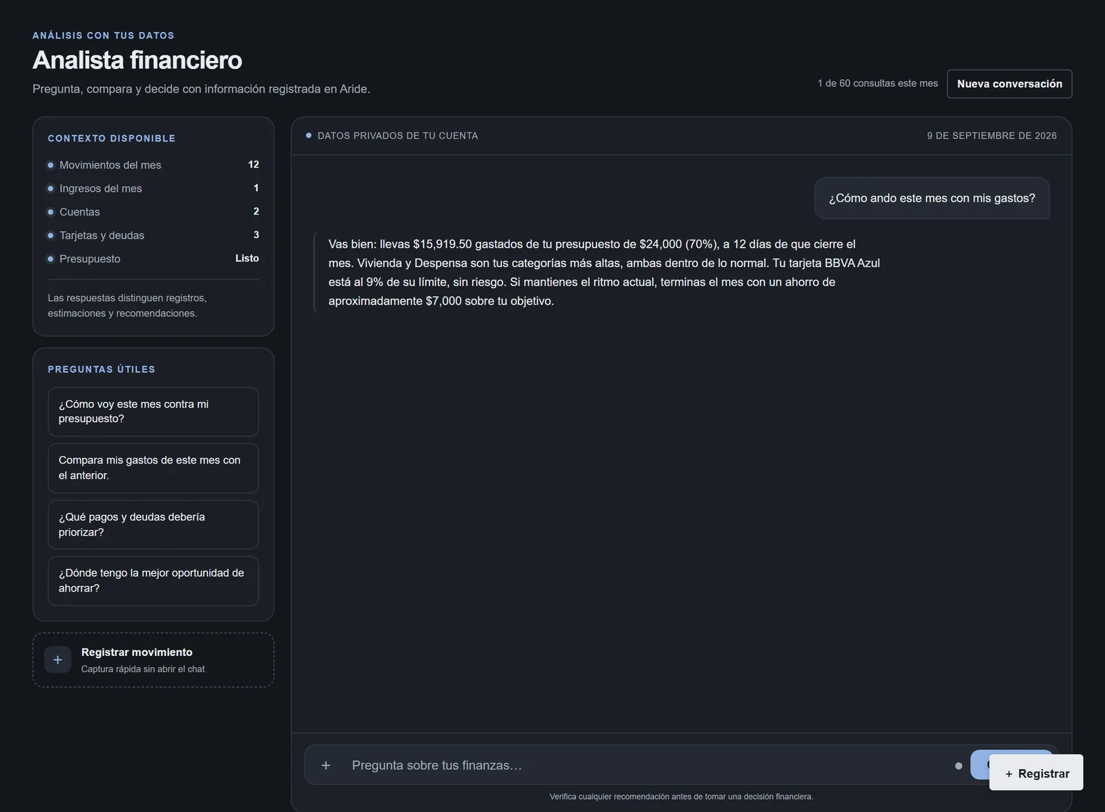 Asistente financiero de Aride respondiendo sobre el presupuesto del mes